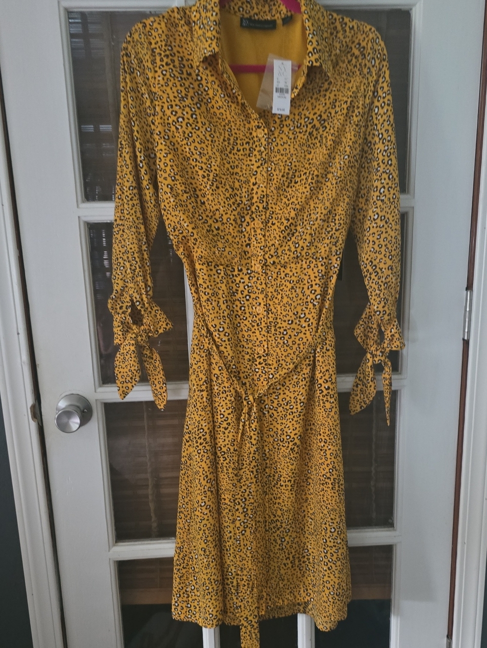New York & Company Yellow Leopard Print Long Sleeve Shirt Dress